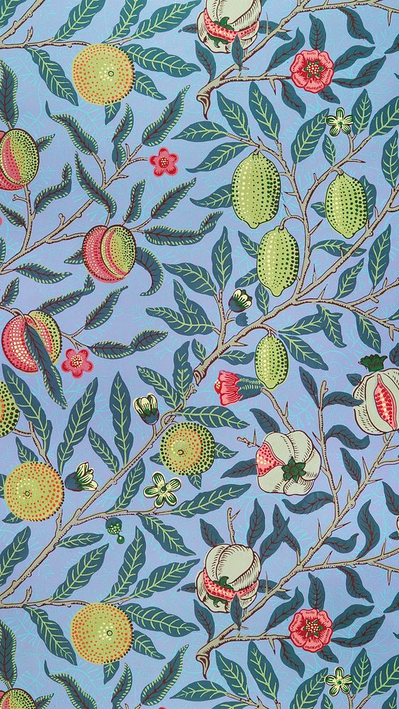 Vintage fruit iPhone wallpaper, William Morris pattern. Remixed from public domain artwork.
