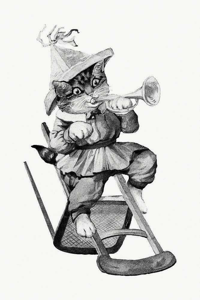 Vintage monochrome cat playing trumpet design element