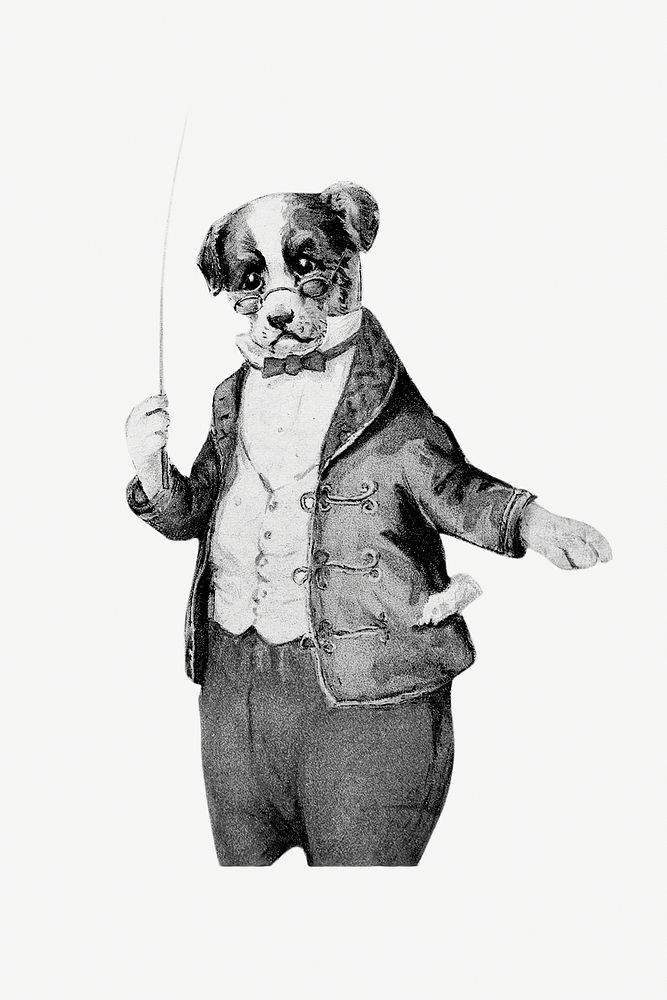 Vintage monochrome dog conductor illustration