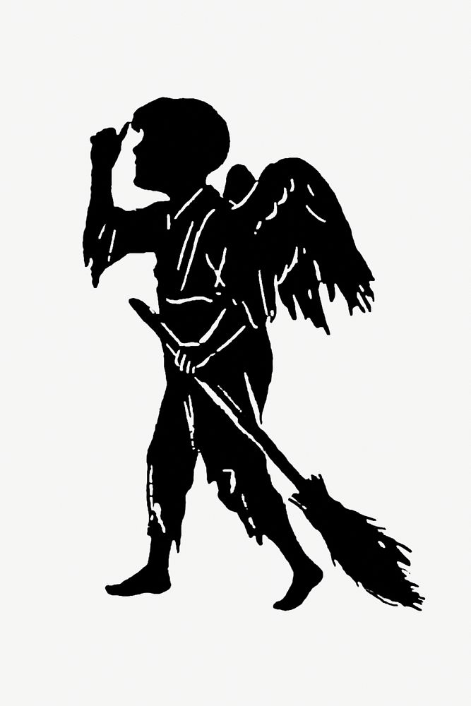 Drawing of a ragged angel holding a broomstick silhouette