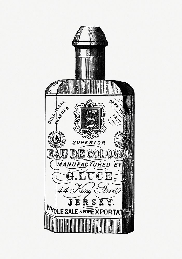 Cologne bottle from Jersey Illustrated, Etc, Appendix published by Jersey Commercial Association (1890). Original from the…