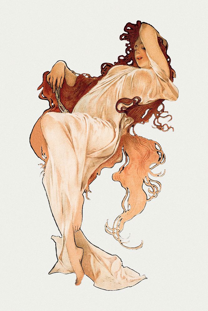 Art nouveau nude woman illustration, remixed from the artworks of Alphonse Maria Mucha