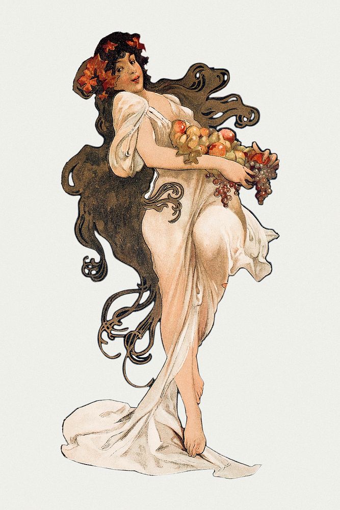 Art nouveau lady with fruits psd, remixed from the artworks of Alphonse Maria Mucha