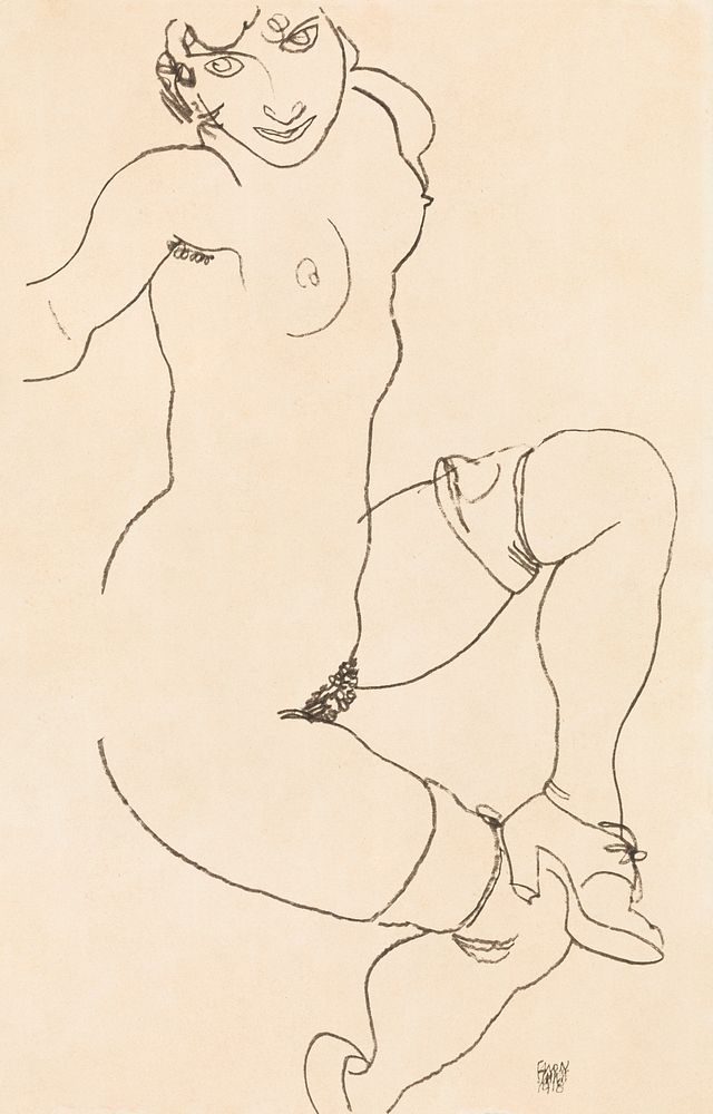 Naked lady in lingerie. Seated Nude in Shoes and Stockings (1918) by Egon Schiele. Original female line art drawing from The…