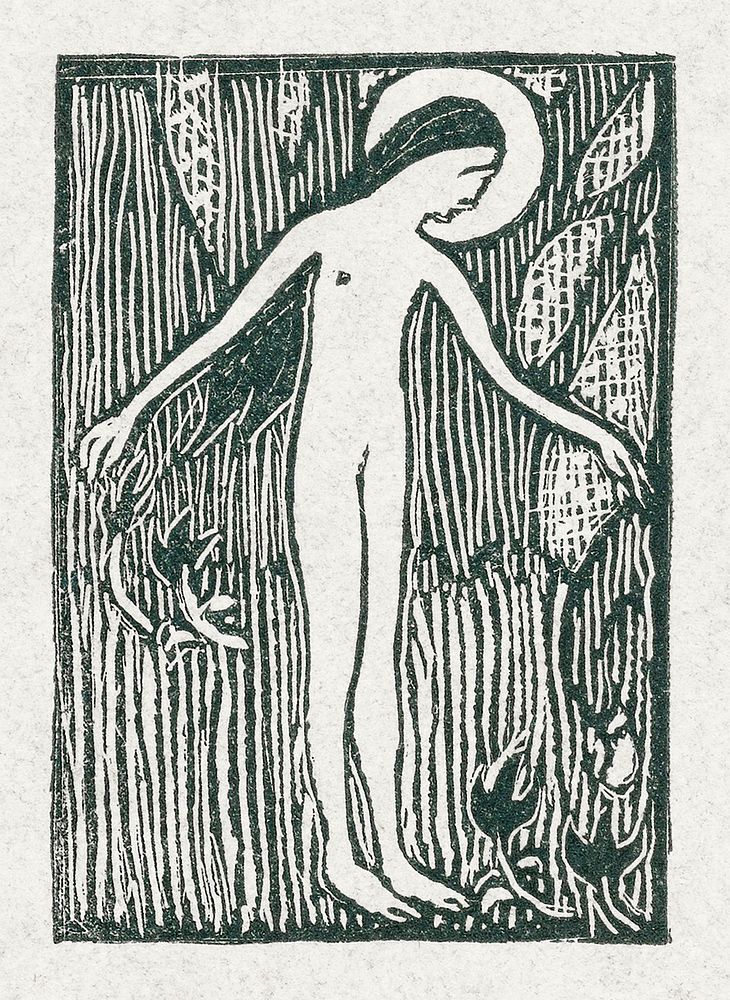 A naked woman illustration for a poetry collection by Paul Verlaine (Illustratie met naakte vrouwelijke heilige staand bij…