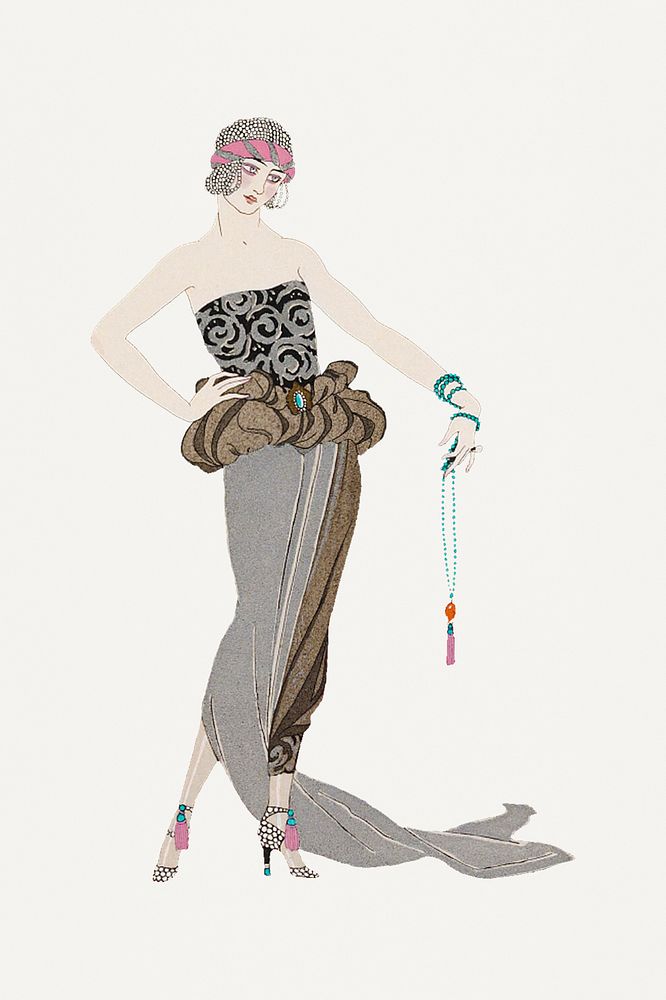 Woman in gray party dress 19th century fashion, remix from artworks by George Barbier