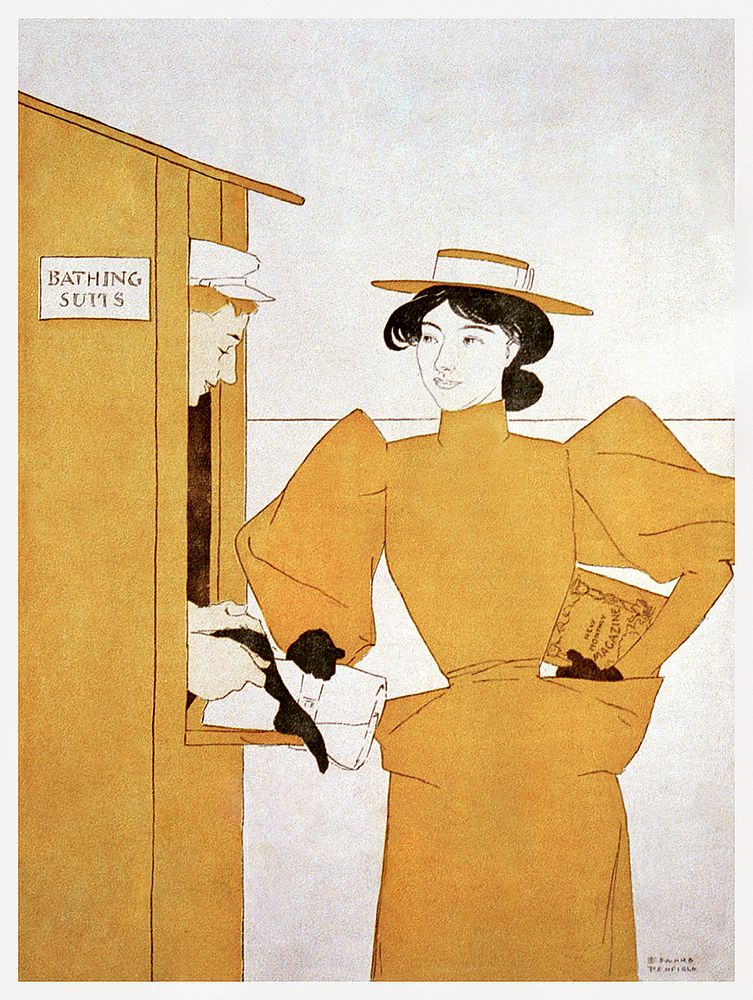 Woman picking up bathing suits (1895) print in high resolution by Edward Penfield. Original from Library of Congress.…