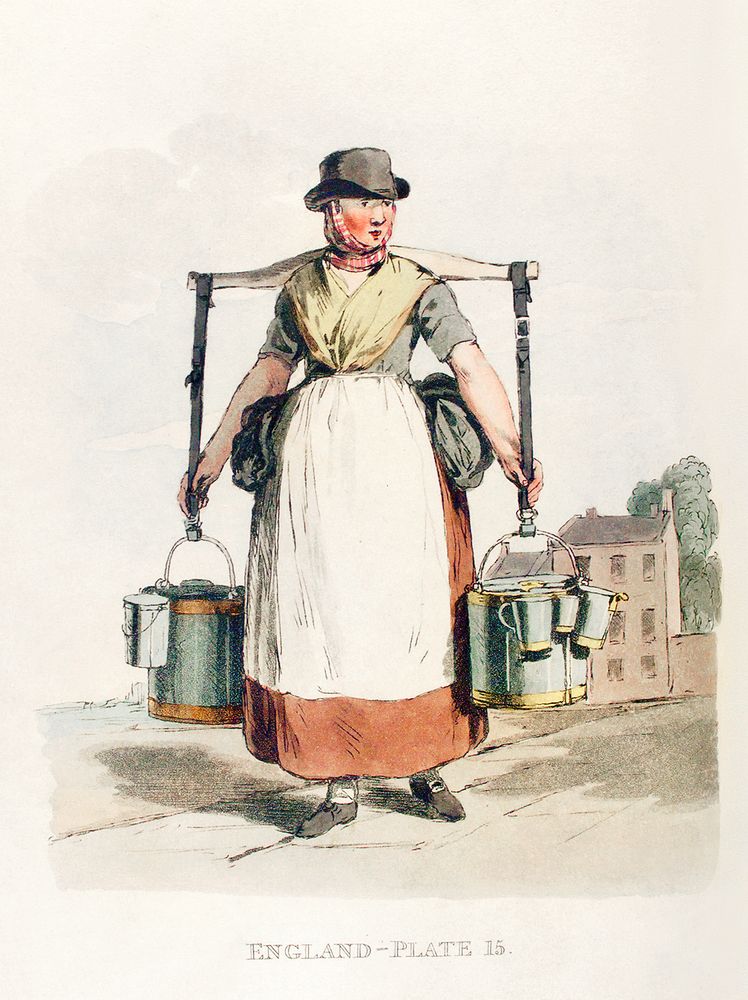 Illustration of a milk-maid from Picturesque Representations of the Dress and Manners of the English(1814) by William…