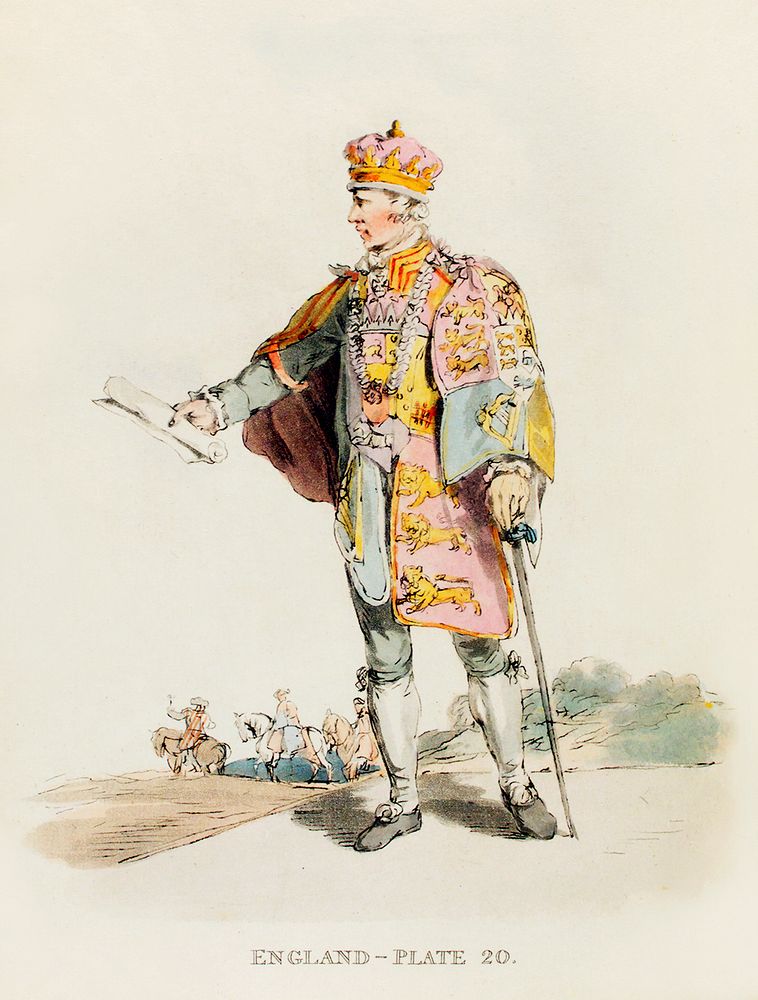 Illustration of a herald from Picturesque Representations of the Dress and Manners of the English(1814) by William Alexander…
