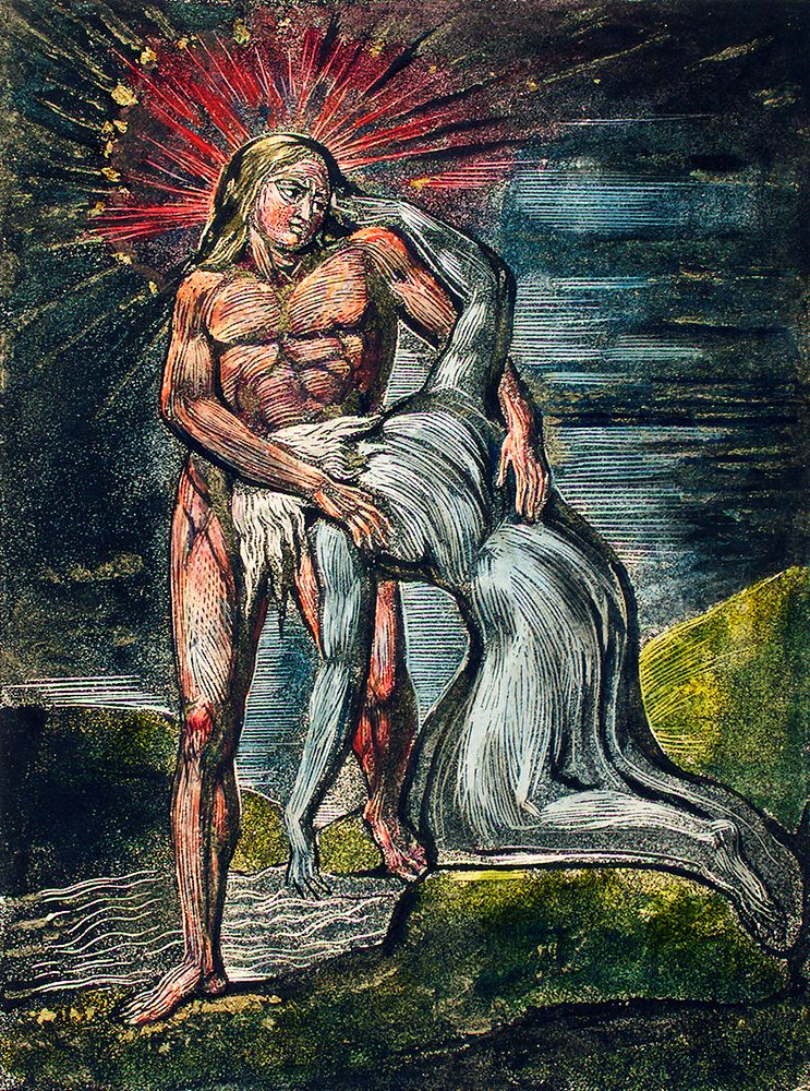 Two figures illustration from Milton: a Poem, To Justify the Ways of God to Men by William Blake (1752-1827). Original from…
