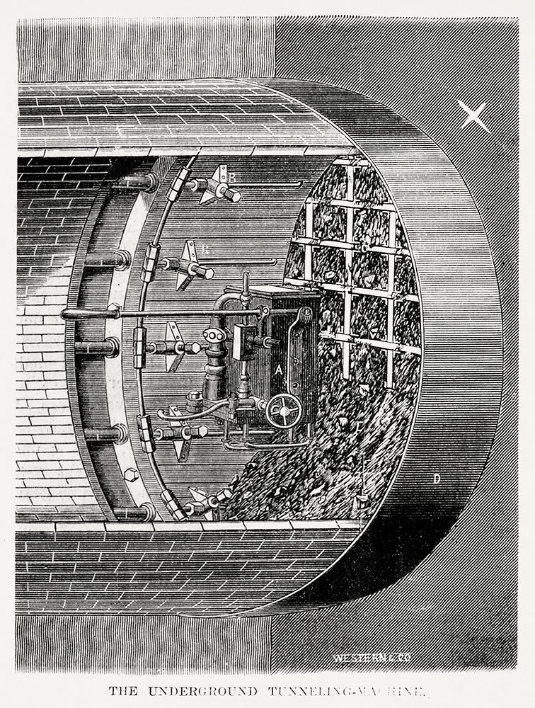 Illustration of underground tunneling-machine from Illustrated description of the Broadway underground railway (1872) by New…
