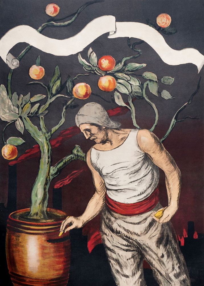 Man saving money in orange tree pot, remixed from artworks by Leonetto Cappiello