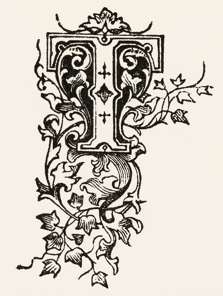 Letter T calligraphic initial. Digitally enhanced from our own original plate. 