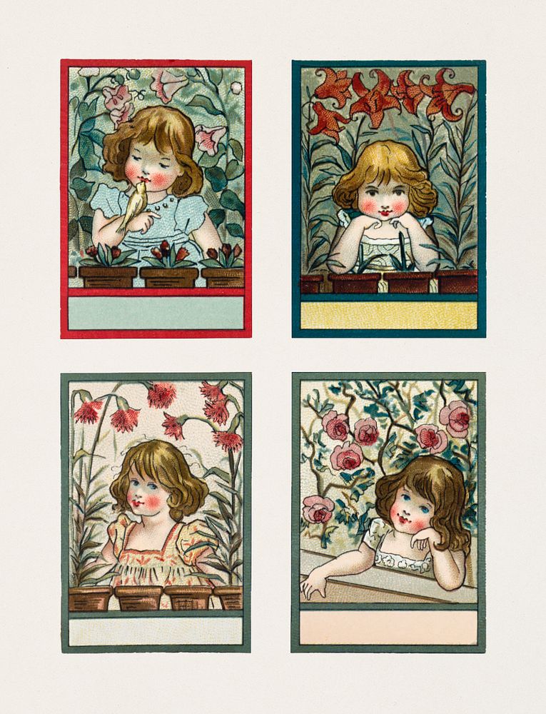 Card depicting Girls and Flowers (1865&ndash;1899) by L. Prang & Co. Original from The New York Public Library. Digitally…