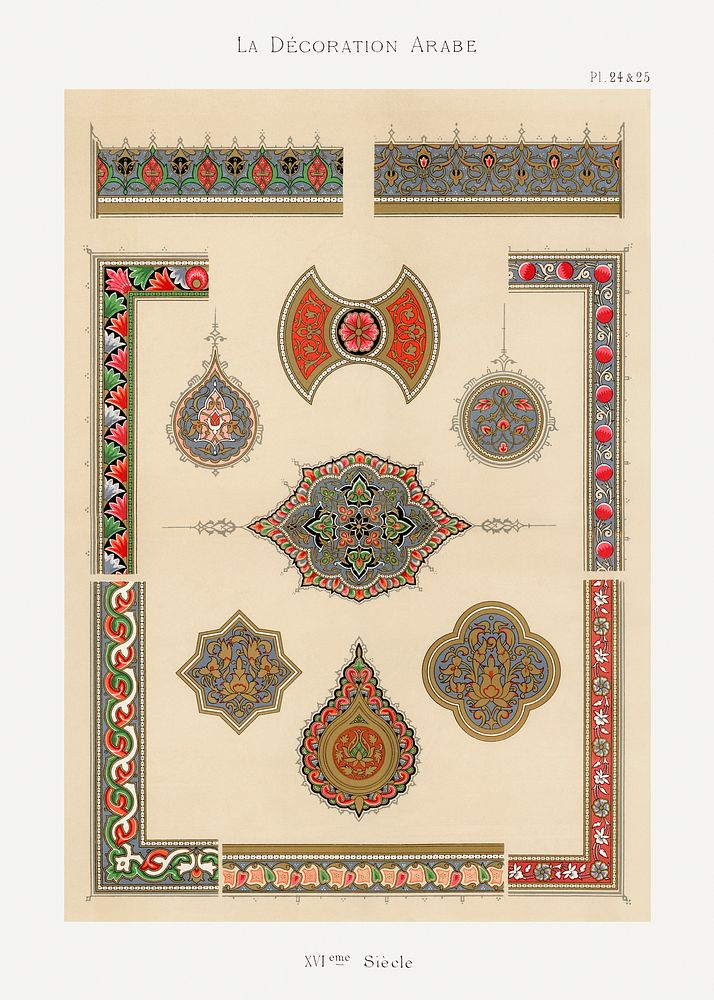 Vintage arabesque decoration, plate no. 24 & 25, Emile Prisses d’Avennes, La Decoration Arabe. Digitally enhanced lithograph…