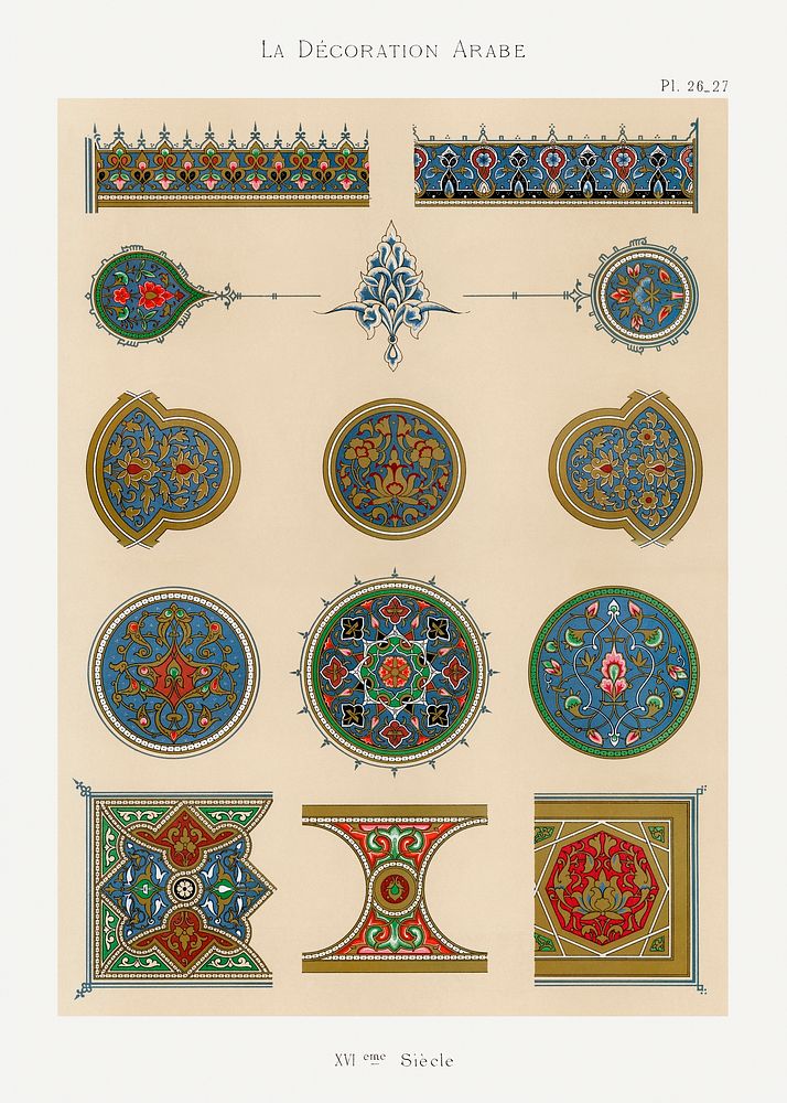 Vintage arabesque decoration, plate no. 26 & 27, Emile Prisses d’Avennes, La Decoration Arabe. Digitally enhanced lithograph…