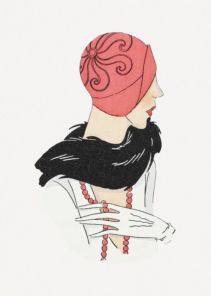 Woman in pink hat and scar, remixed from vintage illustration published in Art&ndash;Go&ucirc;t&ndash;Beaut&eacute;