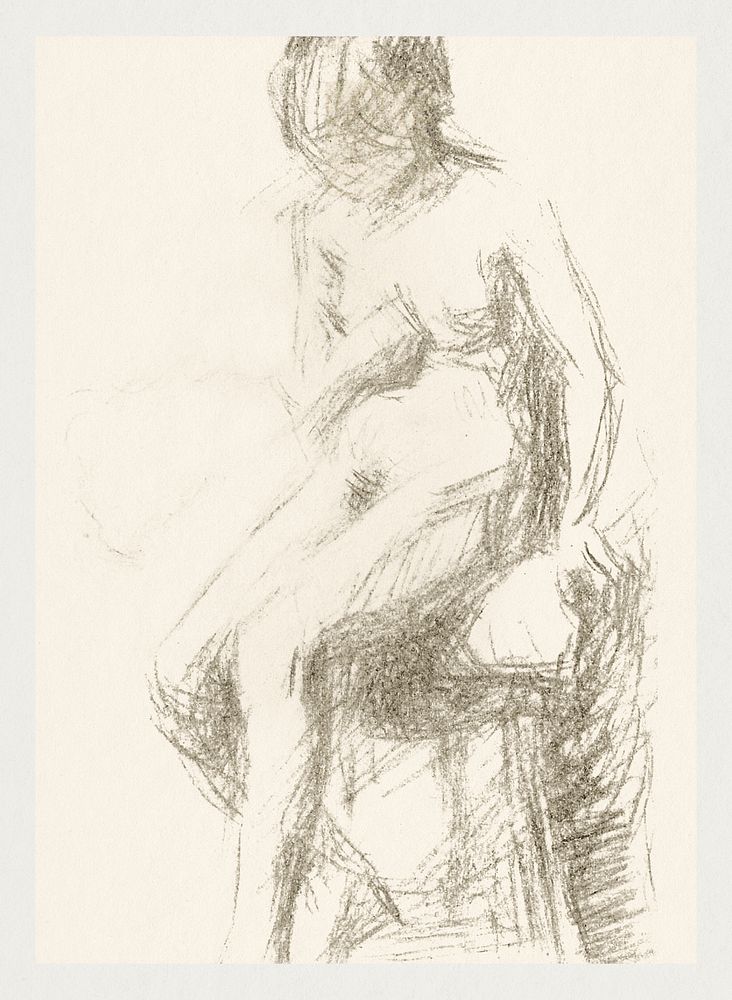 Vintage erotic nude art of a naked woman. Zittende naakte vrouw op een kruk (1906&ndash;1945) by Reijer Stolk. Original from…