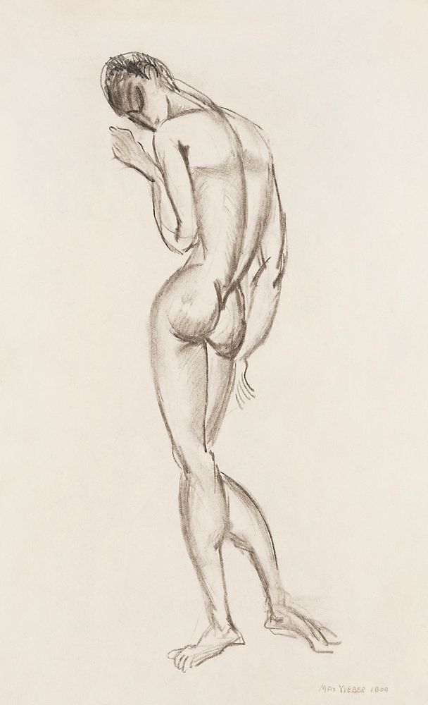 Woman showing off naked bum, vintage nude illustration. Female Nude, Back View (1909) by Max Weber. Original from The…