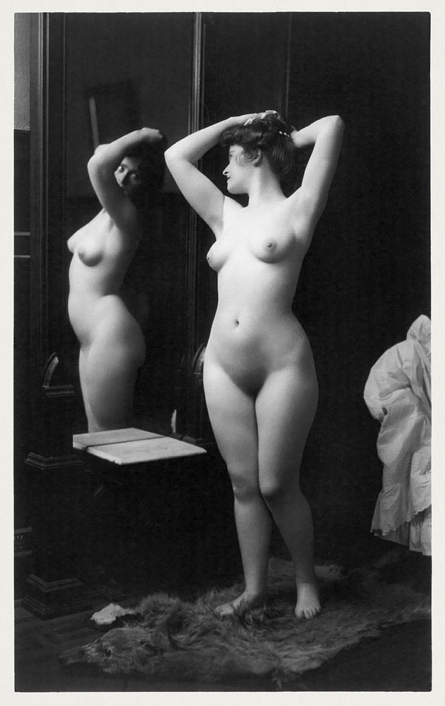 Young woman modeling: full length nude looking in mirror (1902) by Fitz W. Guerin. Original from The Library of Congress.…