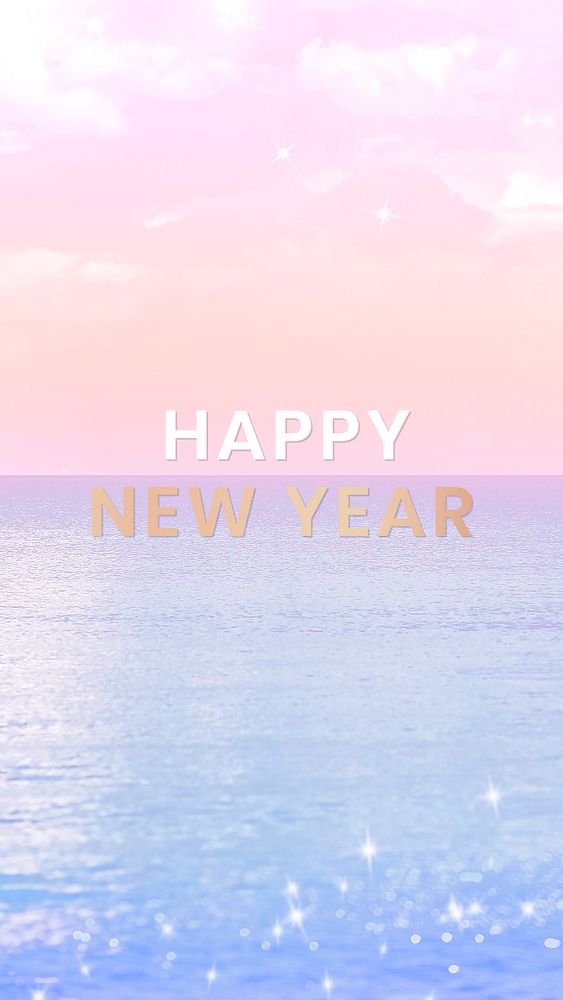 New year template psd, aesthetic pastel beach, mobile wallpaper design