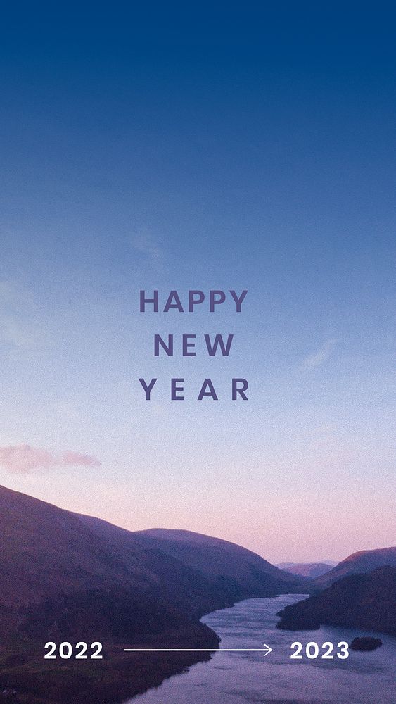 New year template psd, aesthetic mobile wallpaper design, sunrise mountain background