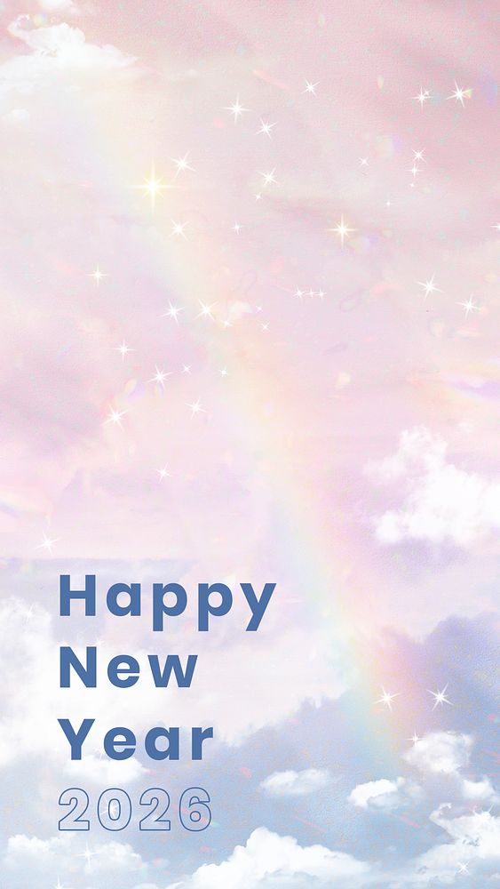Instagram story template psd, aesthetic new year design, pastel rainbow sky background, happy new year 2026