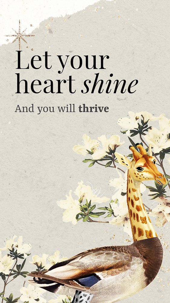 Retro collage instagram story template, editable vintage surreal hybrid giraffe and ostrich scrapbook artwork with quote for…
