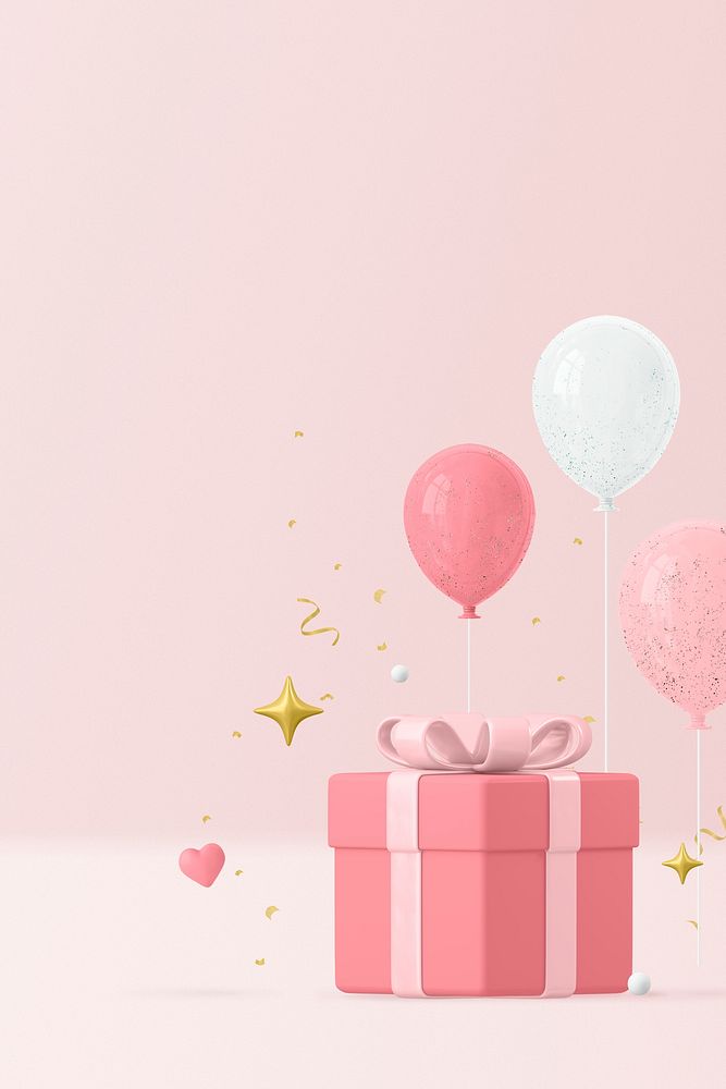 Pink birthday background, 3d balloon & gift box design psd