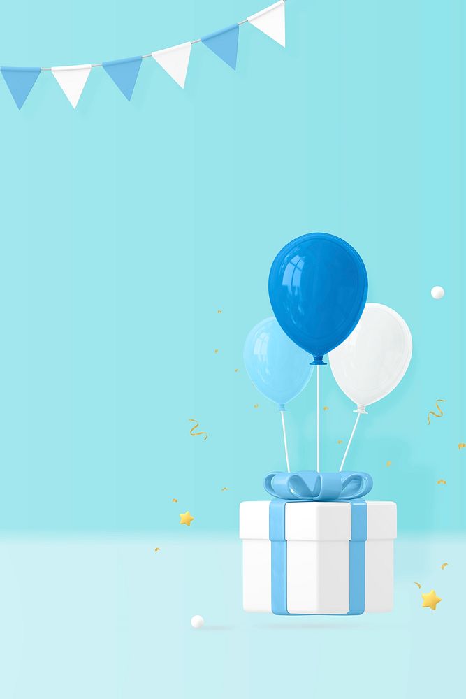 Blue birthday background, 3d balloon & gift box design psd