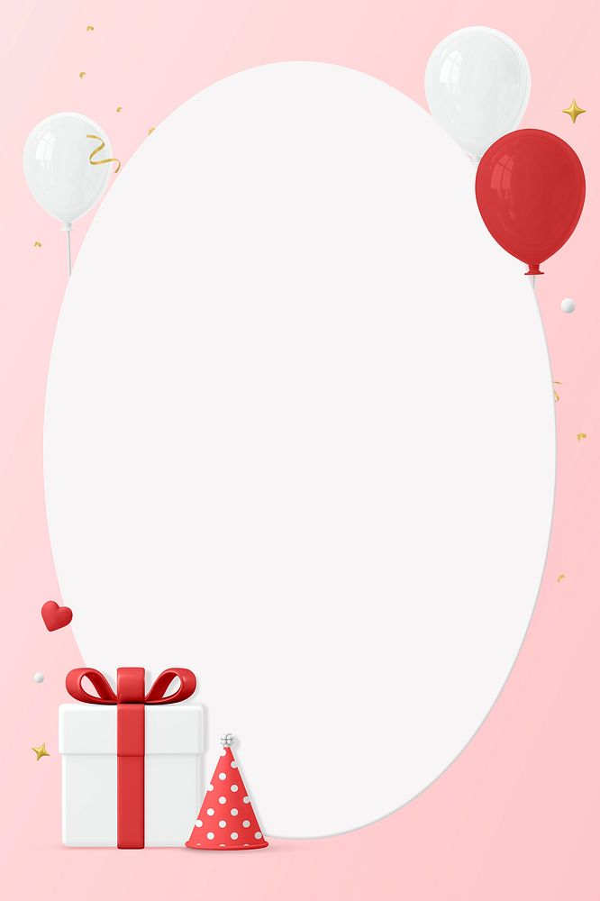 Pink birthday frame background, 3d balloon & gift box design psd
