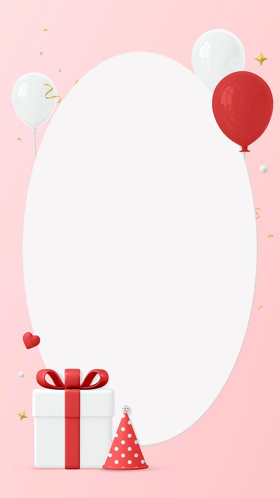 Birthday frame, 3d red gift box, balloon, and party hat psd