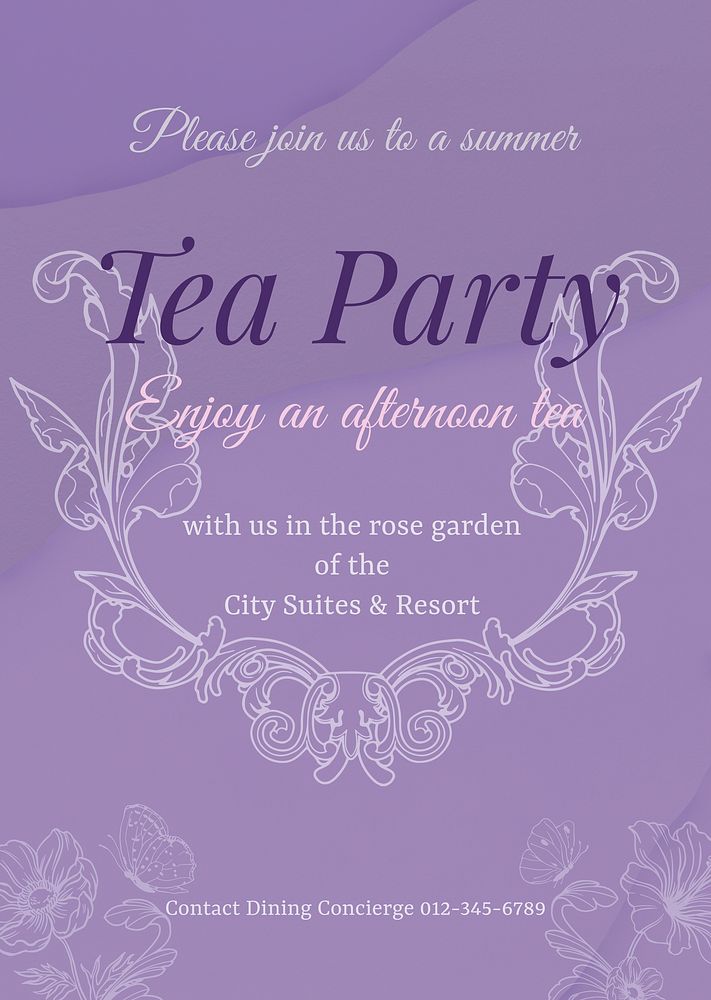 Tea party invitation poster template, filigree design psd