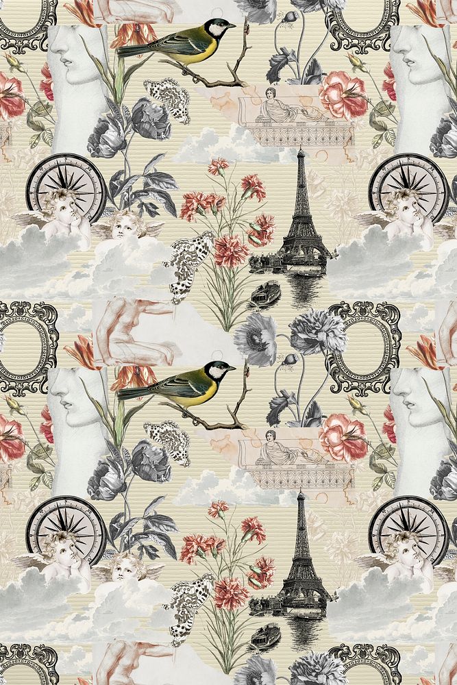 Aesthetic vintage pattern background with flower and classic Ephemera elements