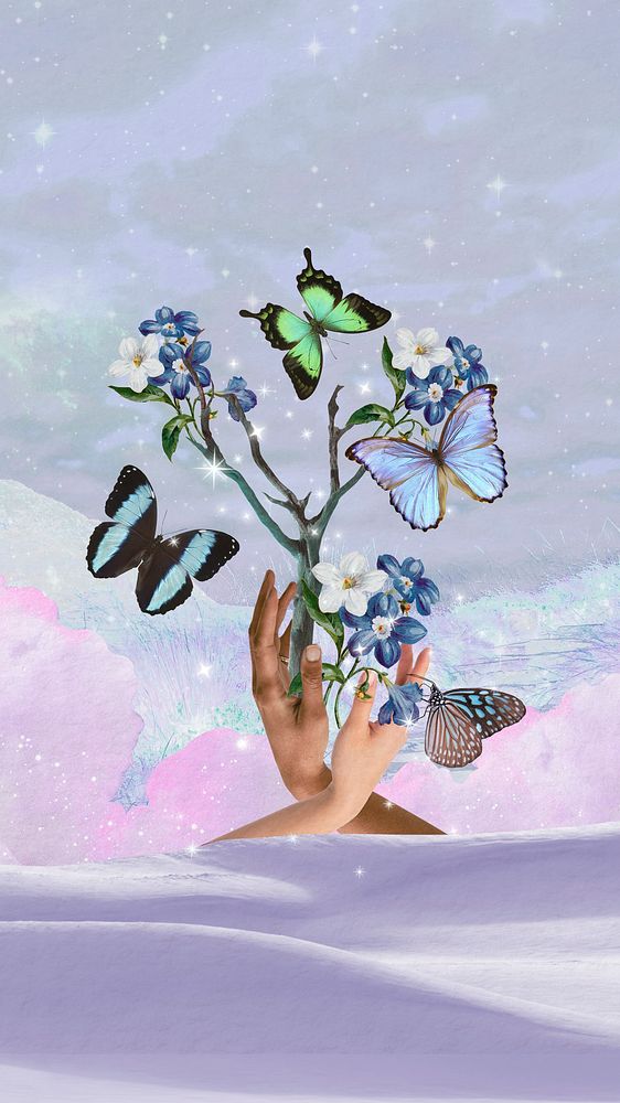 Aesthetic butterflies phone wallpaper, digital collage art psd