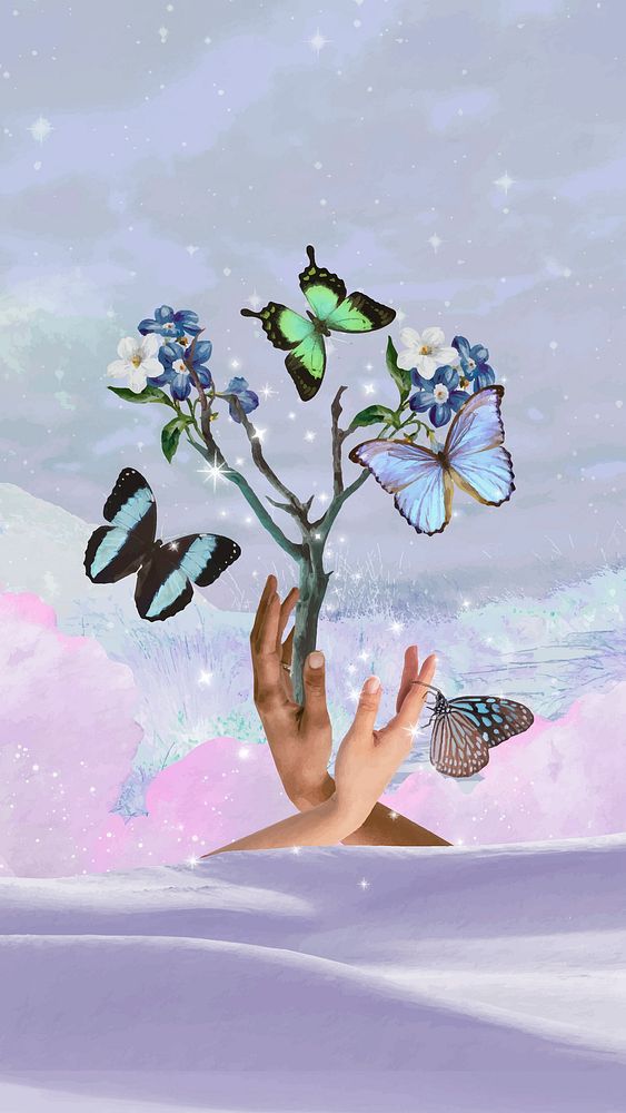 Aesthetic butterflies phone wallpaper, digital collage art vector