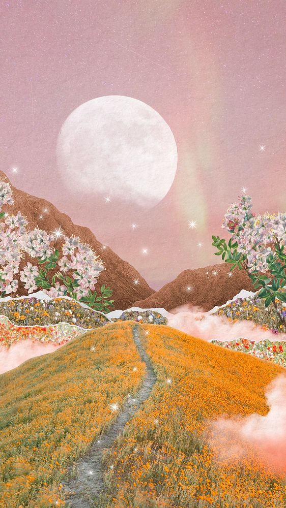 Dreamy landscape collage phone wallpaper, outer space design 