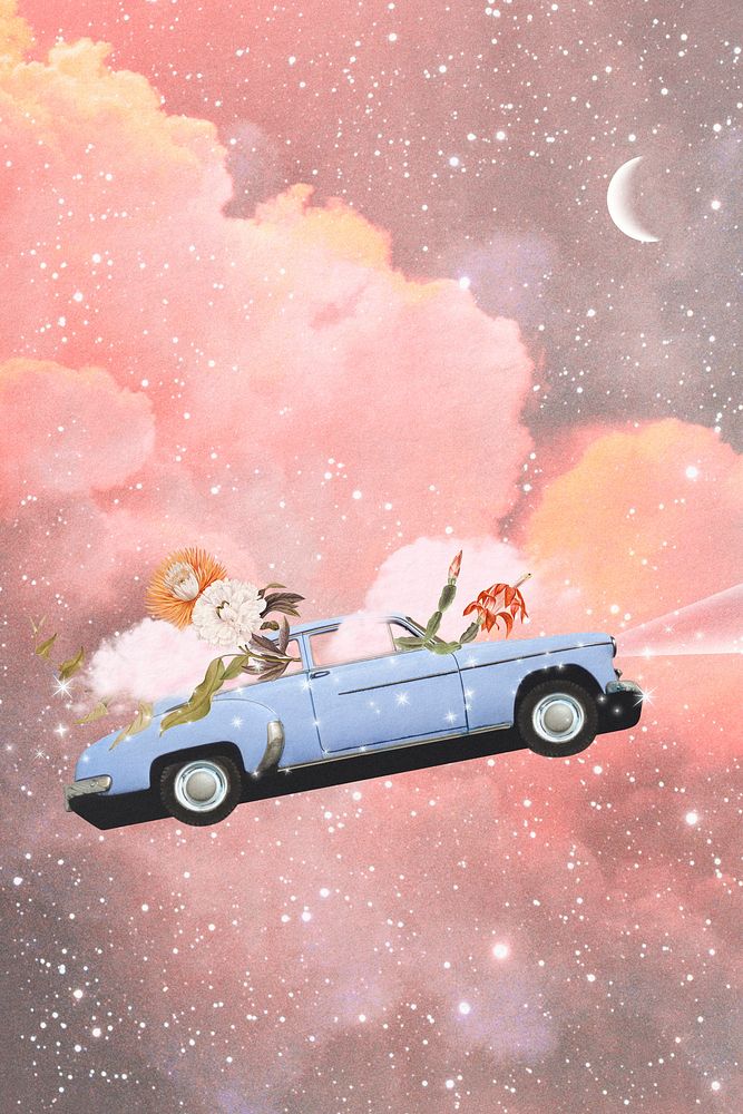Vintage car collage art background, pastel bling celestial design