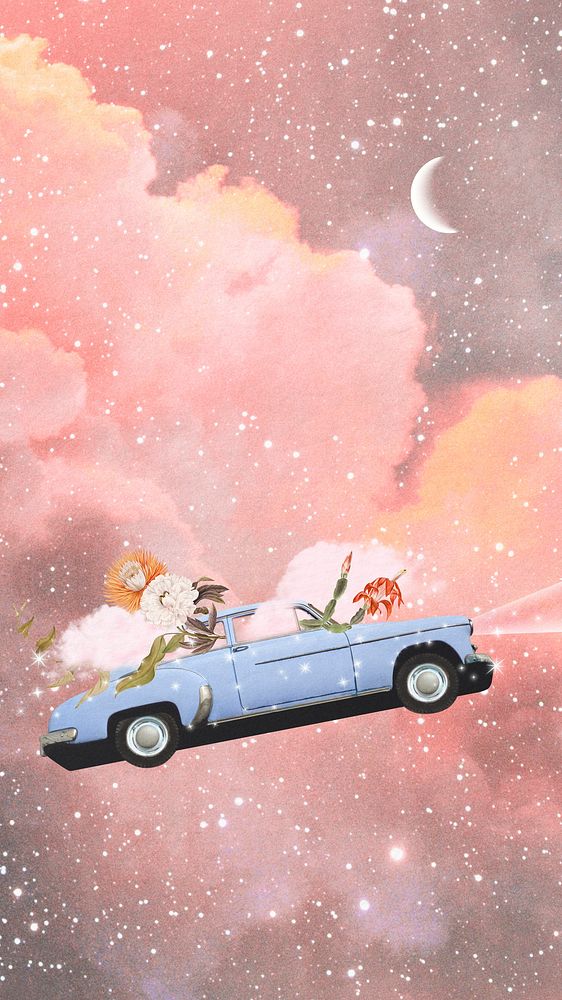 Flying car collage phone wallpaper, surreal design 