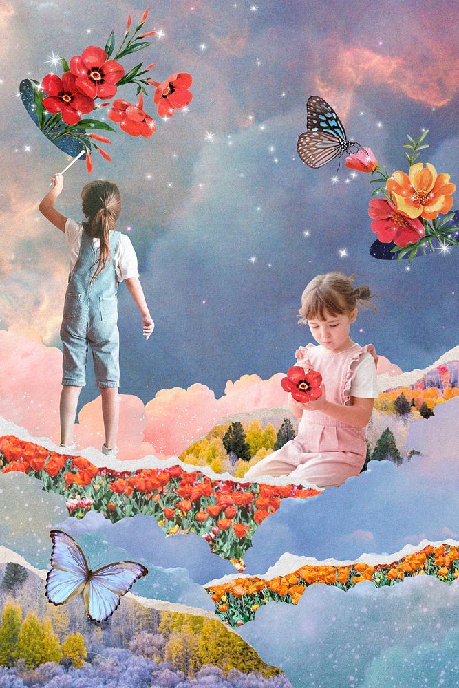 Pastel sky collage background, torn paper design with young girls