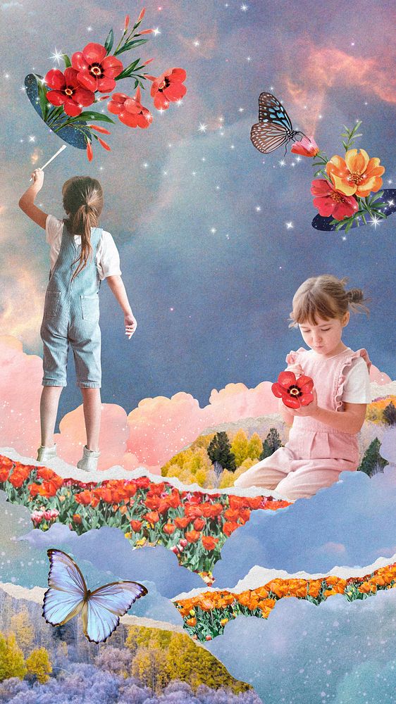 Aesthetic sky mobile wallpaper, children collage art