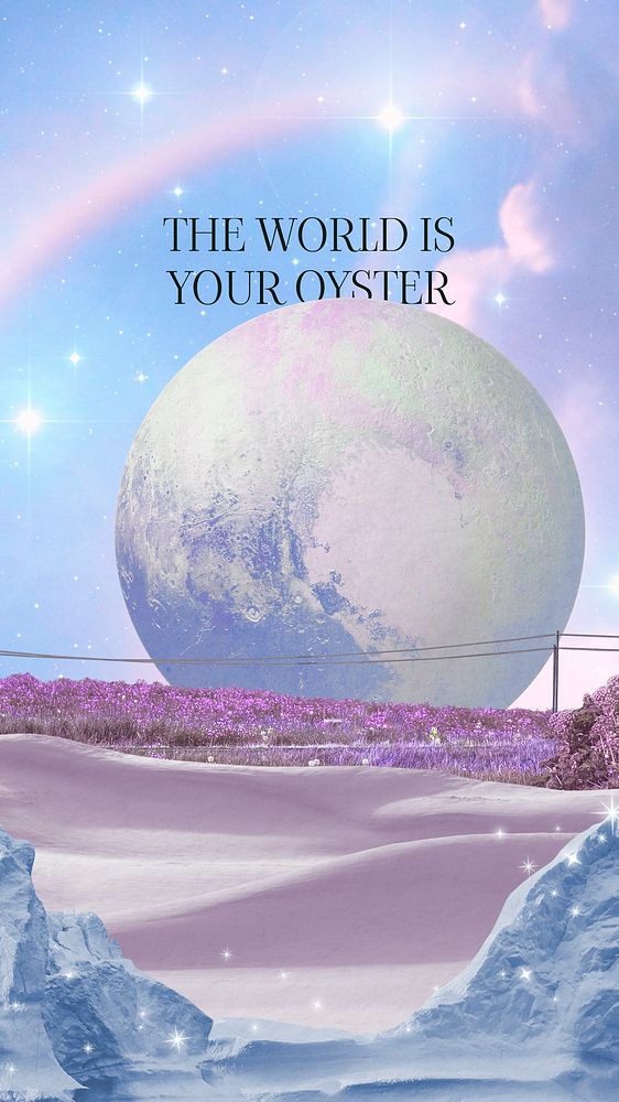 Surreal landscape collage phone wallpaper, the world is your oyster