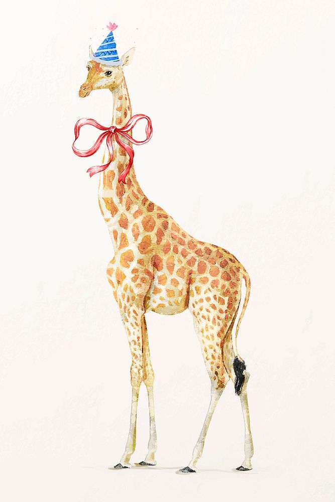 Giraffe illustration vector wearing party hat and bow ribbon