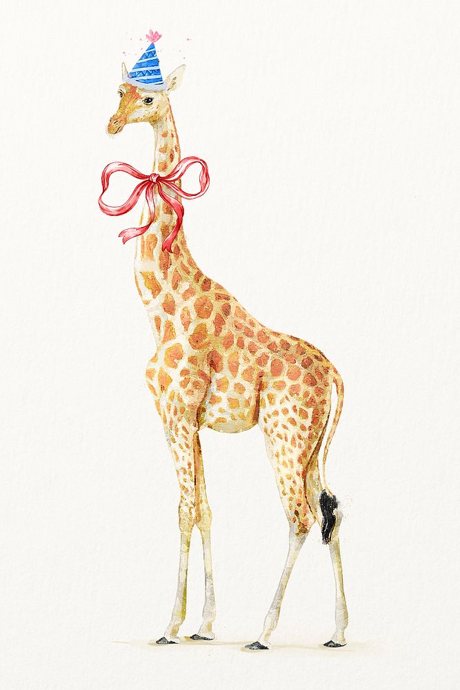 Giraffe illustration wearing party hat and bow ribbon
