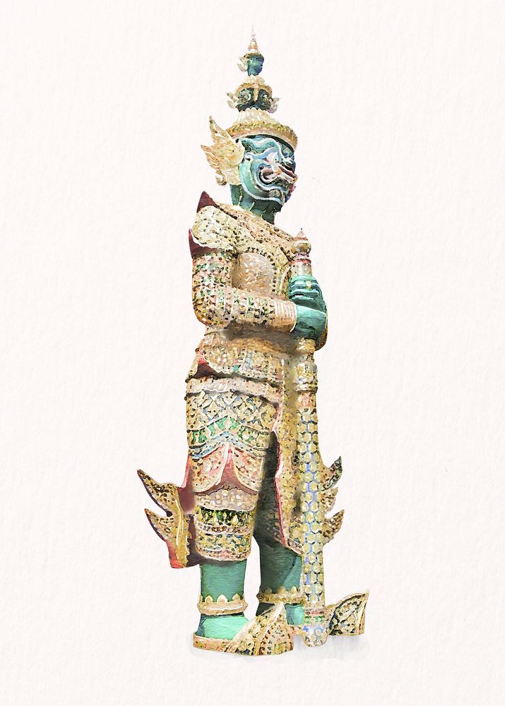 Thai guardian giant watercolor illustration, Yaksha Thotsakan statue psd