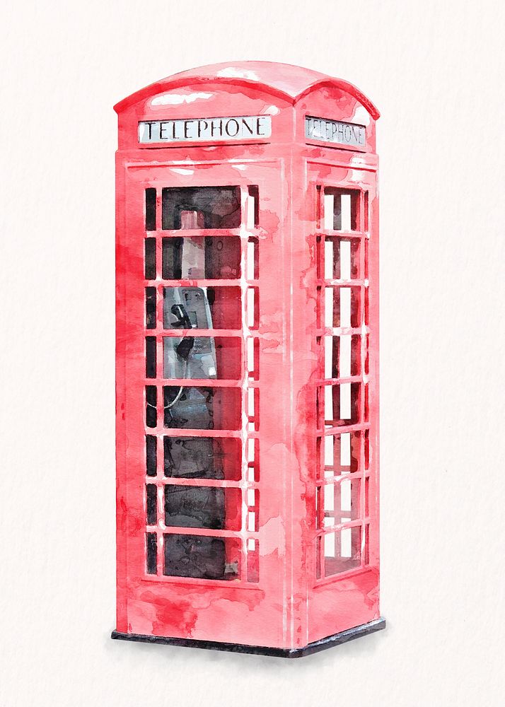 Watercolor telephone box illustration, London aesthetic psd