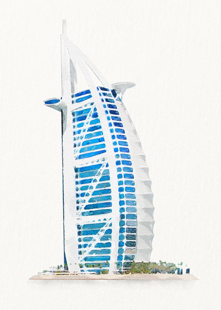 Watercolor Burj Al Arab, Dubai hotel building illustration 