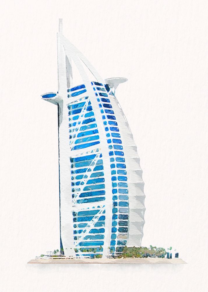 Watercolor Burj Al Arab, Dubai hotel building illustration psd