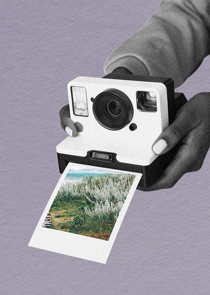 Hands holding instant camera, retro collage element