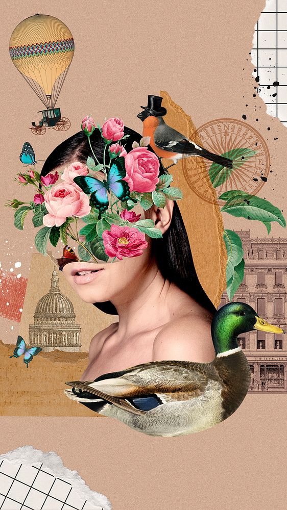 Aesthetic surreal mobile wallpaper, flower woman portrait remixed media